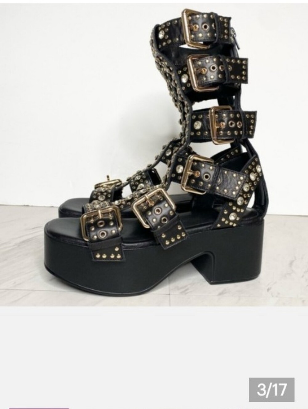Jeffrey Campbell Black Platform Sandals with Gold Studs
